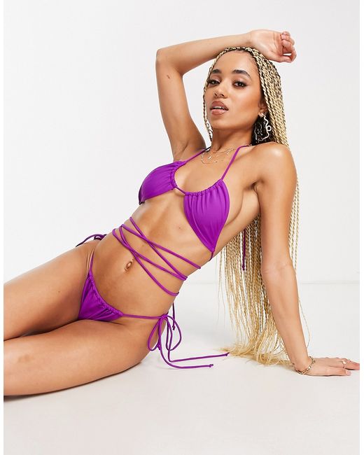 Motel Leyna high leg string bikini bottom in violet-
