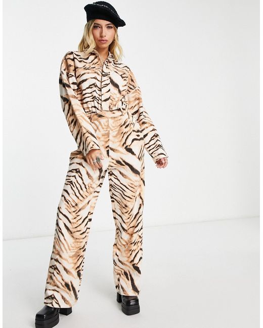 Asos Design long sleeve slouchy twill jumpsuit in animal print-