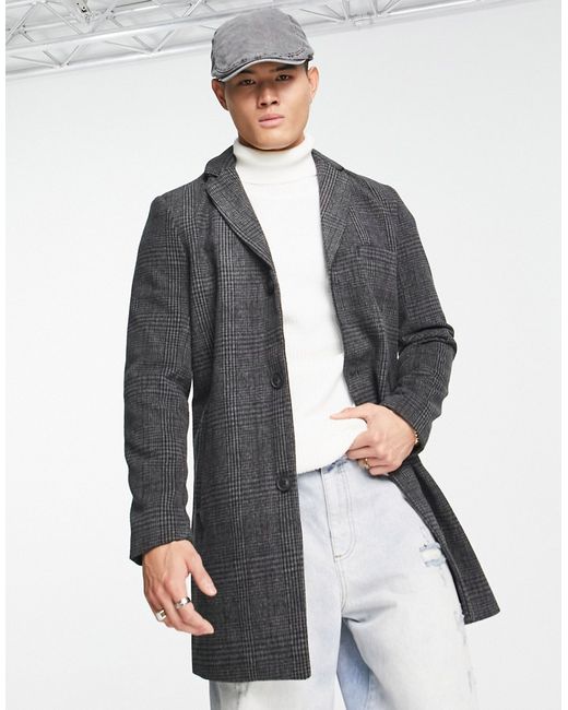Only & Sons wool overcoat in gray check-