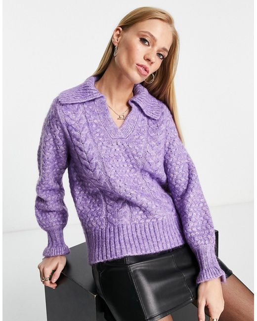 Y.A.S cable knit v neck sweater with cuff detail in lilac-