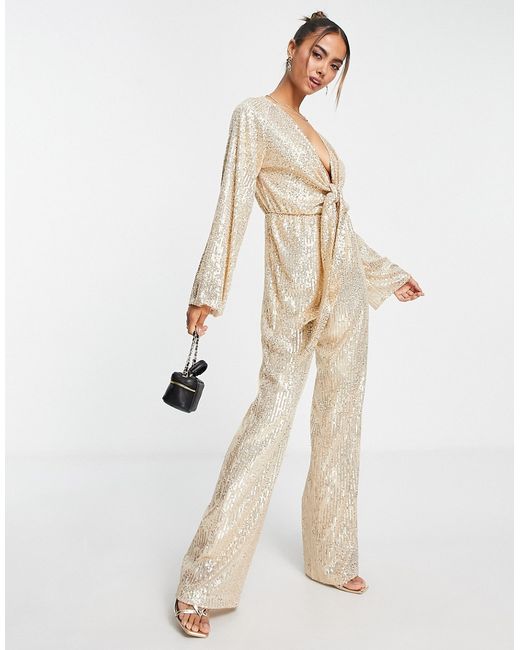 Style Cheat tie front sequin jumpsuit in