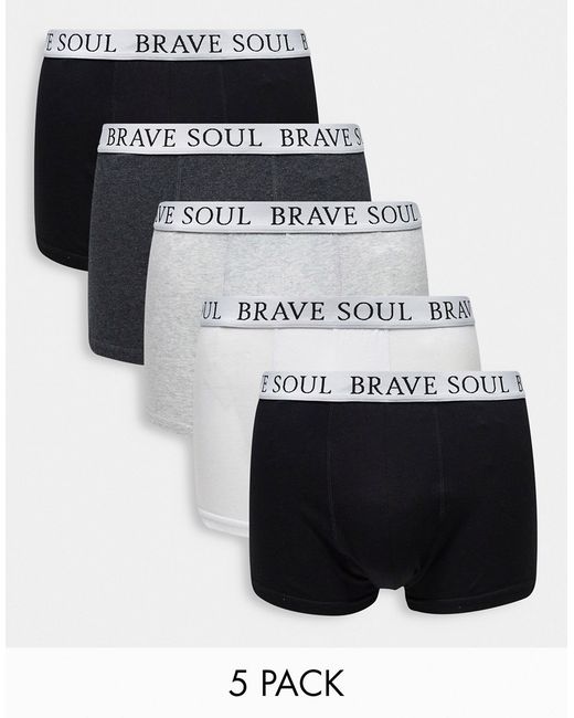 Brave Soul 5 pack boxers with logo waistband in black and white