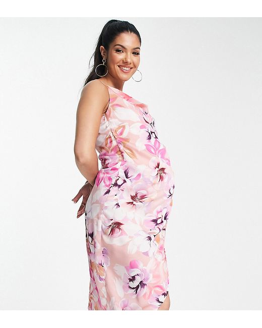 Liquorish Maternity satin wrap midi dress in soft pastel floral-
