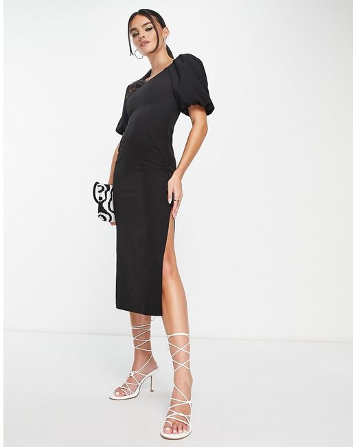 Asos Design puff sleeve midi dress with asym neck line in