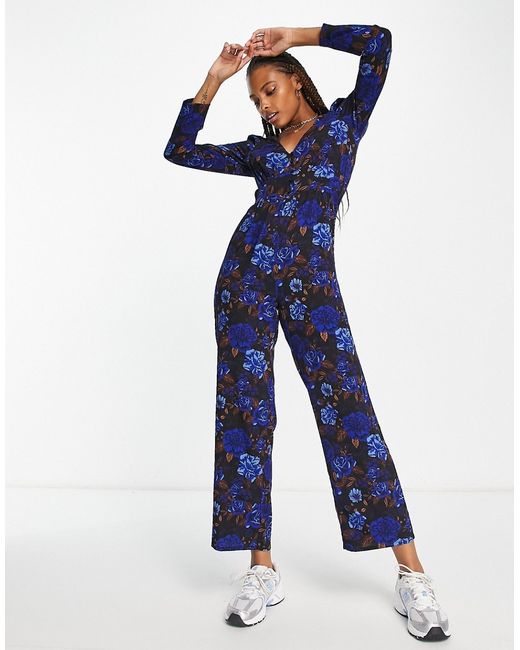 Monki jumpsuit in brown and blue rose print-