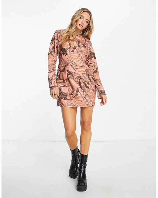 Asos Design puff sleeve mini dress with removable sleeves in tan swirl print-