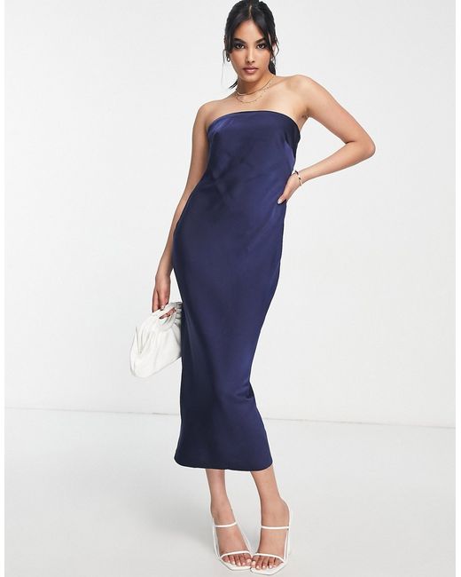 Asos Design satin bandeau midi dress with cowl back in navy-