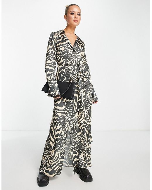 Asos Design satin maxi dress with tie belt in neutral zebra print-