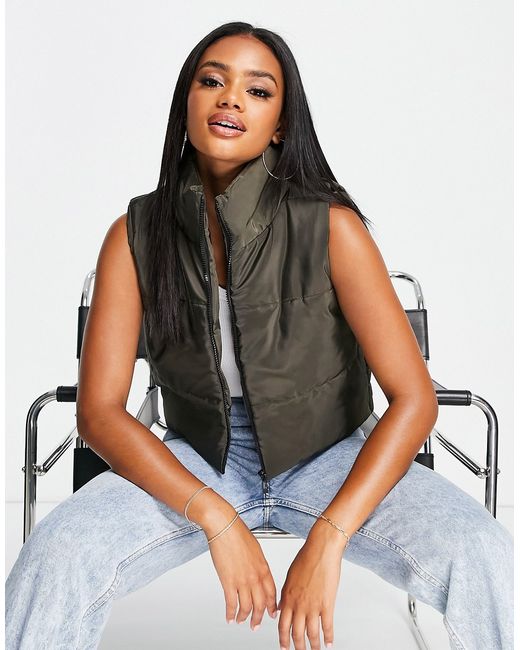 I Saw It First padded cropped vest in khaki-