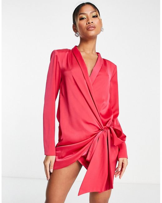 Asos Design satin tie side long sleeve mini dress with collar in hot