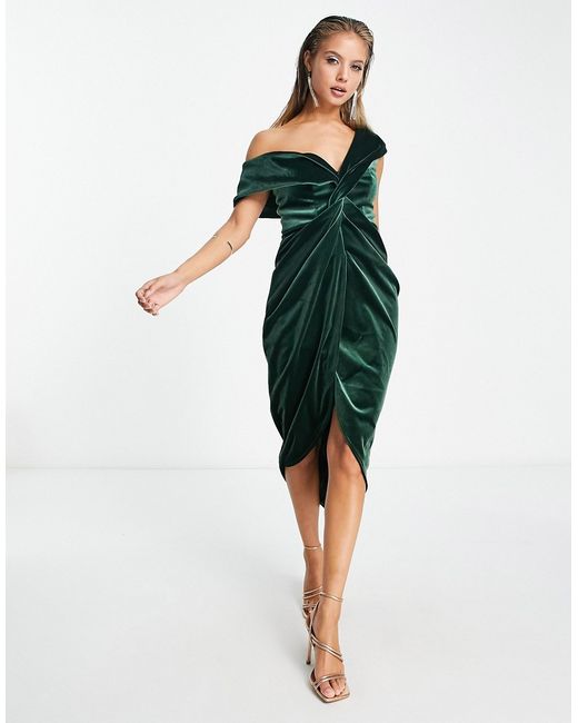 Asos Design off shoulder twist front wrap velvet midi dress in khaki-