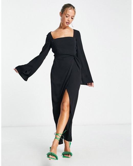 Asos Design square neck fluted sleeve knot detail midi dress in