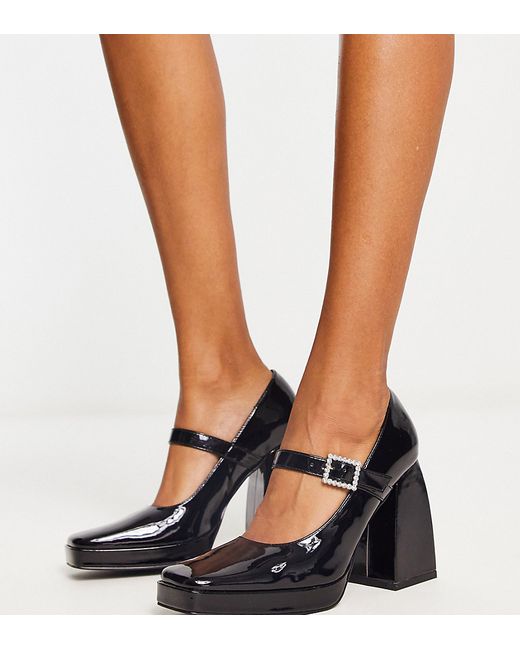 Raid Wide Fit Maya block heel mary janes with embellished buckle in patent