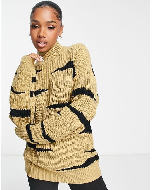 Asos Design chunky sweater with high neck in animal stripe pattern camel-