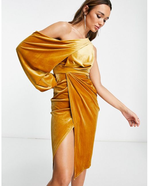Asos Design velvet one shoulder draped midi dress in mustard-