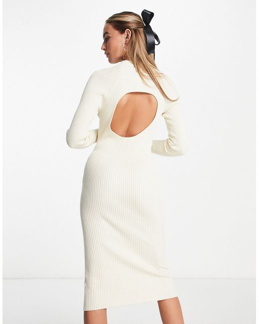 Monki ribbed dress with cutout back in cream-