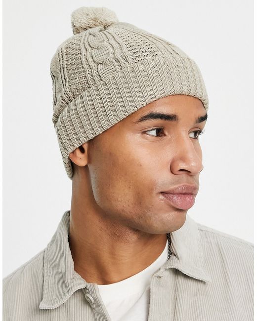 Boardmans knitted cable bobble beanie hat in camel-