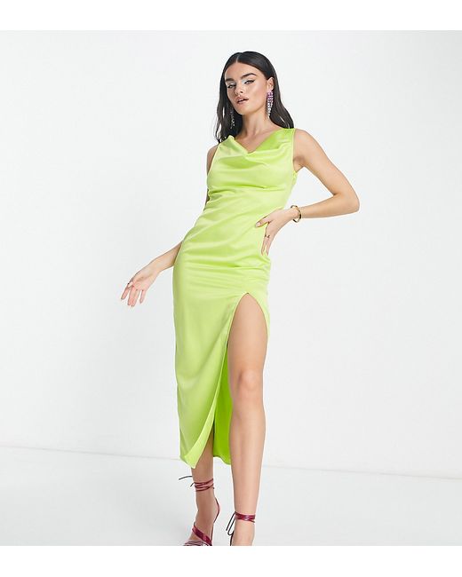 Extro & Vert cowl neck satin maxi dress with open back in chartreuse-