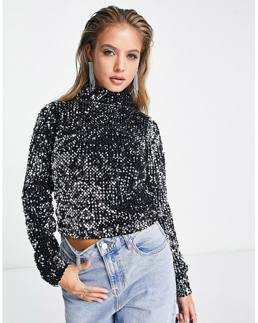 Asos Design all over embellished sequin polo neck long sleeve top in and silver