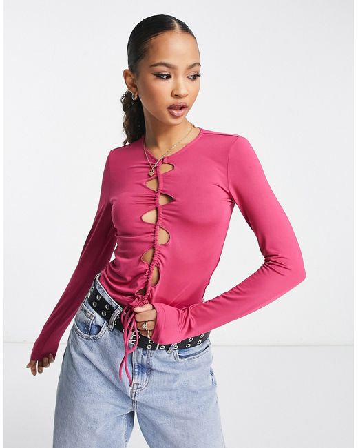 Monki cut-out drawstring long sleeve top in