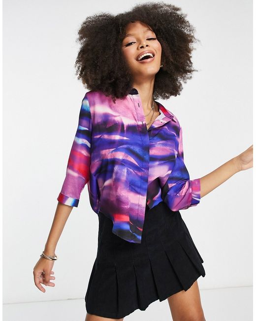 Monki blouse in pink and purple abstract print-