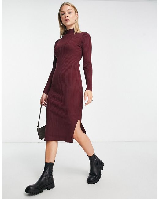New Look knit ribbed dress in burgundy-