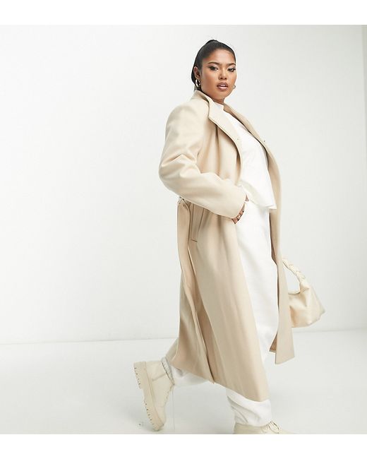 River Island Plus belted funnel neck coat in cream-