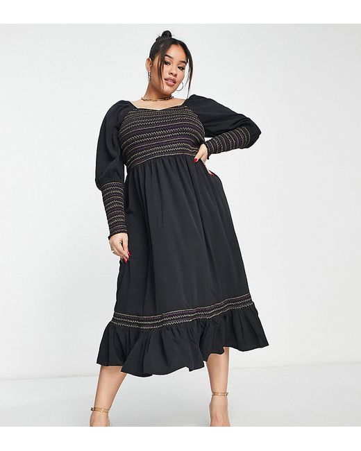 Simply Be shirred midi dress with contrast stitching in