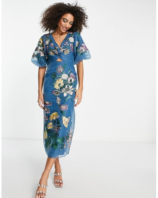 ASOS Edition floral embroidered organza midi dress in steel