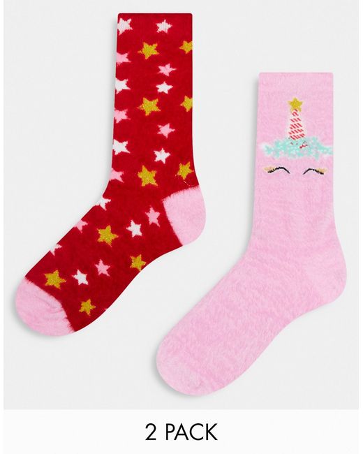 Threadbare 2 pack fluffy star and unicorn socks in red