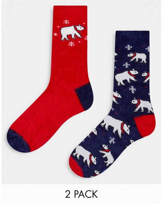 Threadbare christmas 2 pack fluffy polarbear socks in navy and