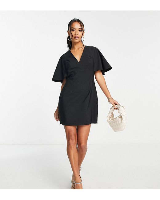 ASOS Petite DESIGN Petite v neck mini dress with fluted sleeves in