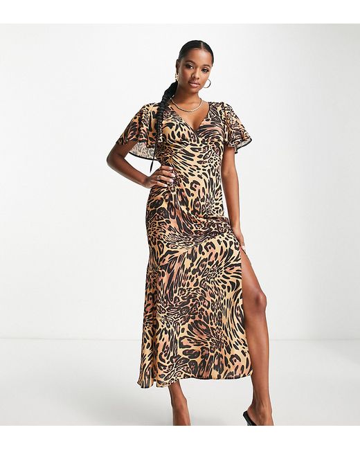ASOS Petite DESIGN Petite fluted sleeve midi dress with cut out back in animal print-