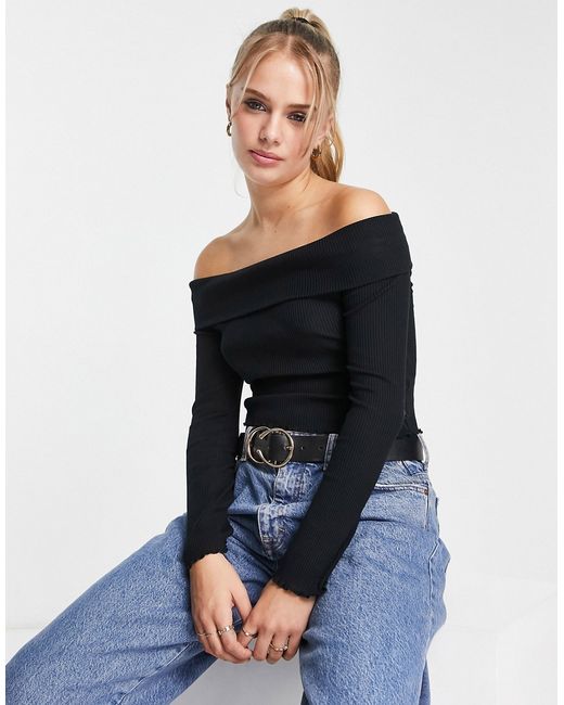 New Look ribbed off the shoulder bardot long sleeved top in