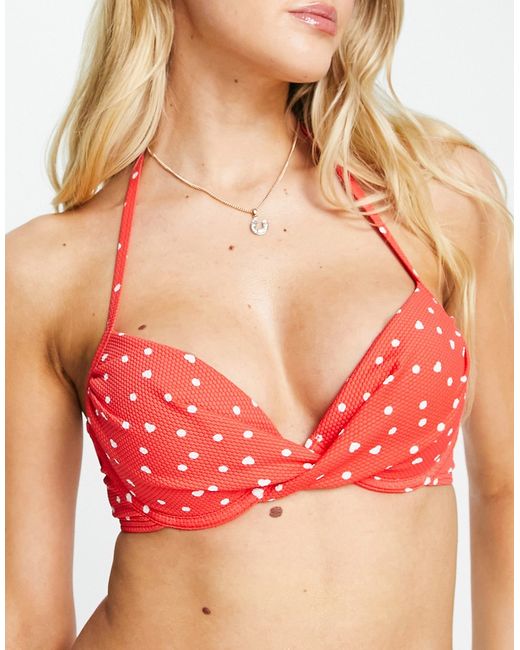 New Look polka dot twist front underwire bikini top in