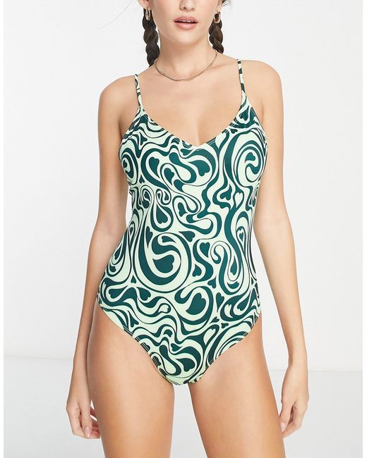 Monki swirl print strappy swimsuit in