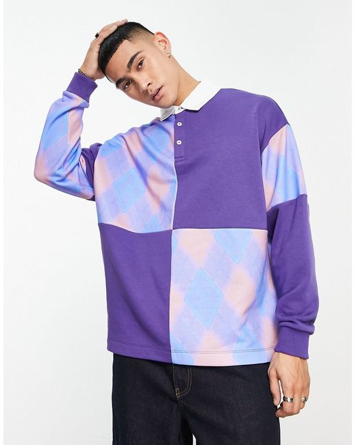 Asos Design oversized polo sweatshirt with check paneling in