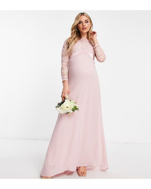 TFNC Maternity Bridesmaids chiffon maxi dress with lace scalloped back and long sleeves in mauve-