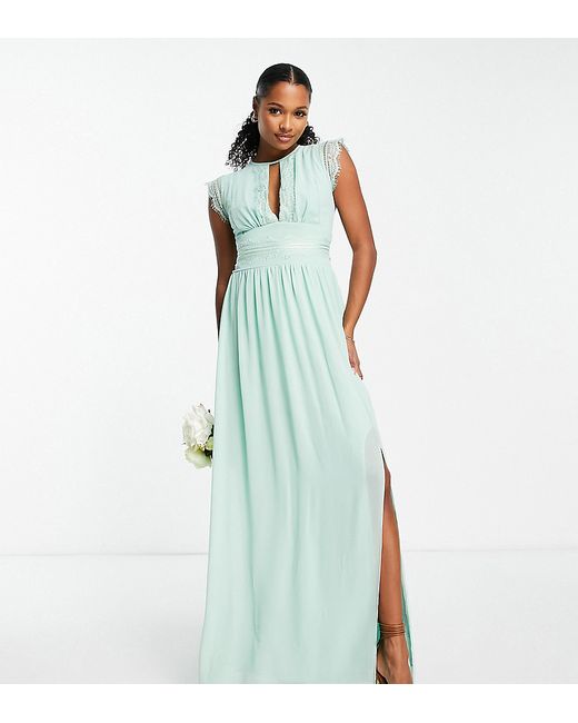 TFNC Petite Bridesmaids chiffon maxi dress with lace detail in sage-