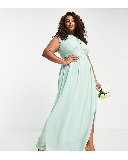 TFNC Plus Bridesmaids chiffon maxi dress with lace detail in sage-