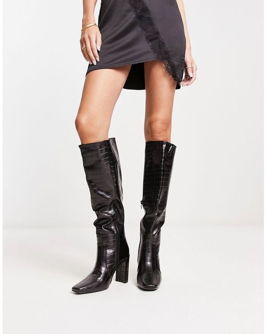 Truffle Collection square toe heeled knee boots in croc