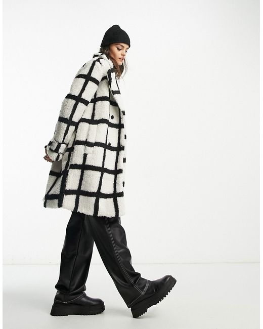Violet Romance oversized borg coat in grid print-