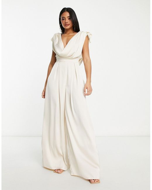 ASOS Luxe satin corsage plunge neck wide leg jumpsuit in champagne-