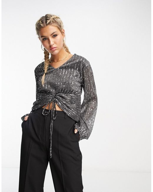 Urban Revivo long sleeve front gathered glitter top in