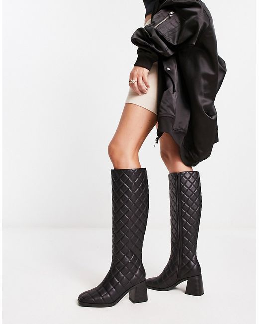Monki knee high quilted heeled boot in