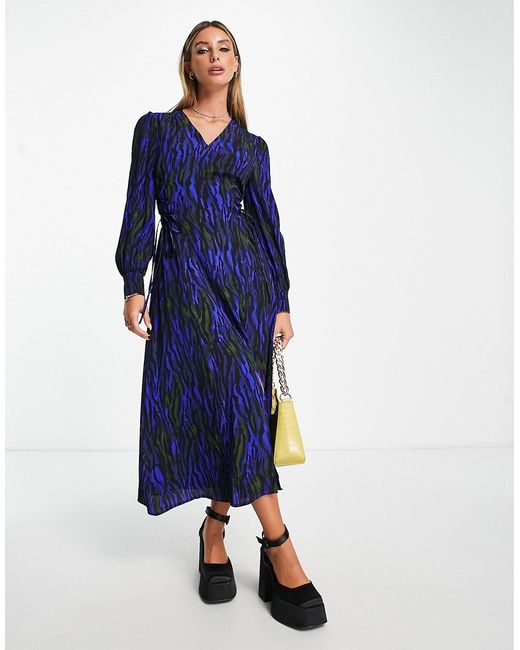 Whistles tie front midi shirt dress in teal tiger print-