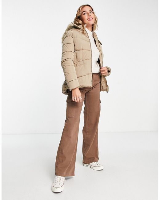 New Look waisted puffer coat with faux fur hood in camel-