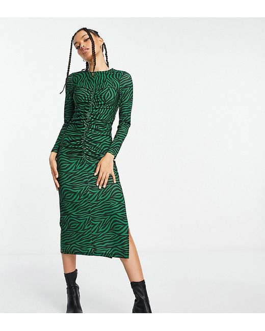 New Look Petite ruched front long sleeve midi dress in pattern