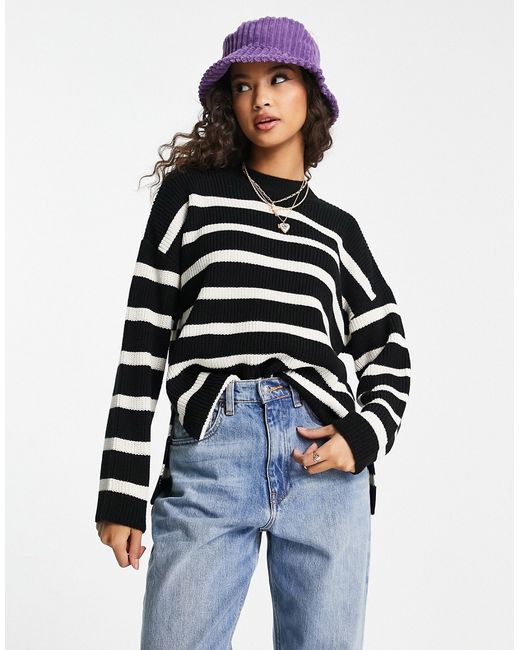 New Look knit striped crew neck sweater with side slit detail in