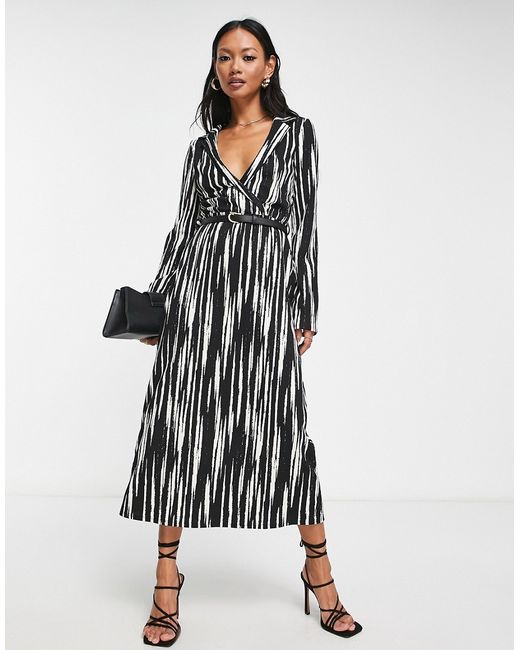 Asos Design midi wrap dress with belt in mono abstract print-